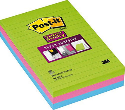 Post-it® Super Sticky Notes Lined Ultra Colours 3 Pads per pack 102x152mm