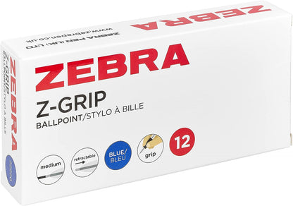 ZEBRA Pen Z Grip Blue Pens Ballpoint, Smooth & Comfortable ZEBRA Pens With Pocket Clip, Retractable Ballpoints With Blue Ink, Reliable Biro Multipack For Everyday Use - Medium Point, 12pk