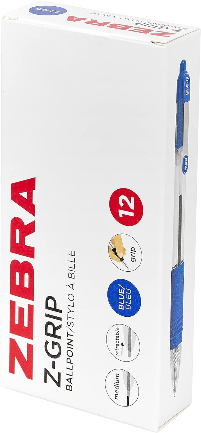 ZEBRA Pen Z Grip Blue Pens Ballpoint, Smooth & Comfortable ZEBRA Pens With Pocket Clip, Retractable Ballpoints With Blue Ink, Reliable Biro Multipack For Everyday Use - Medium Point, 12pk