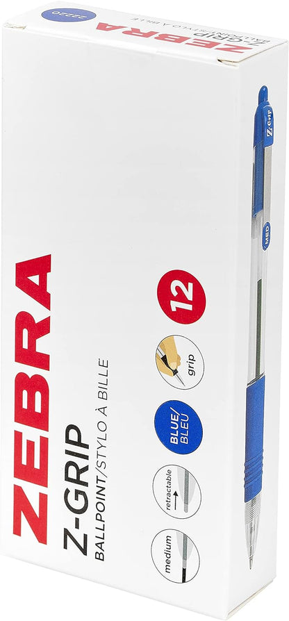 ZEBRA Pen Z Grip Blue Pens Ballpoint, Smooth & Comfortable ZEBRA Pens With Pocket Clip, Retractable Ballpoints With Blue Ink, Reliable Biro Multipack For Everyday Use - Medium Point, 12pk
