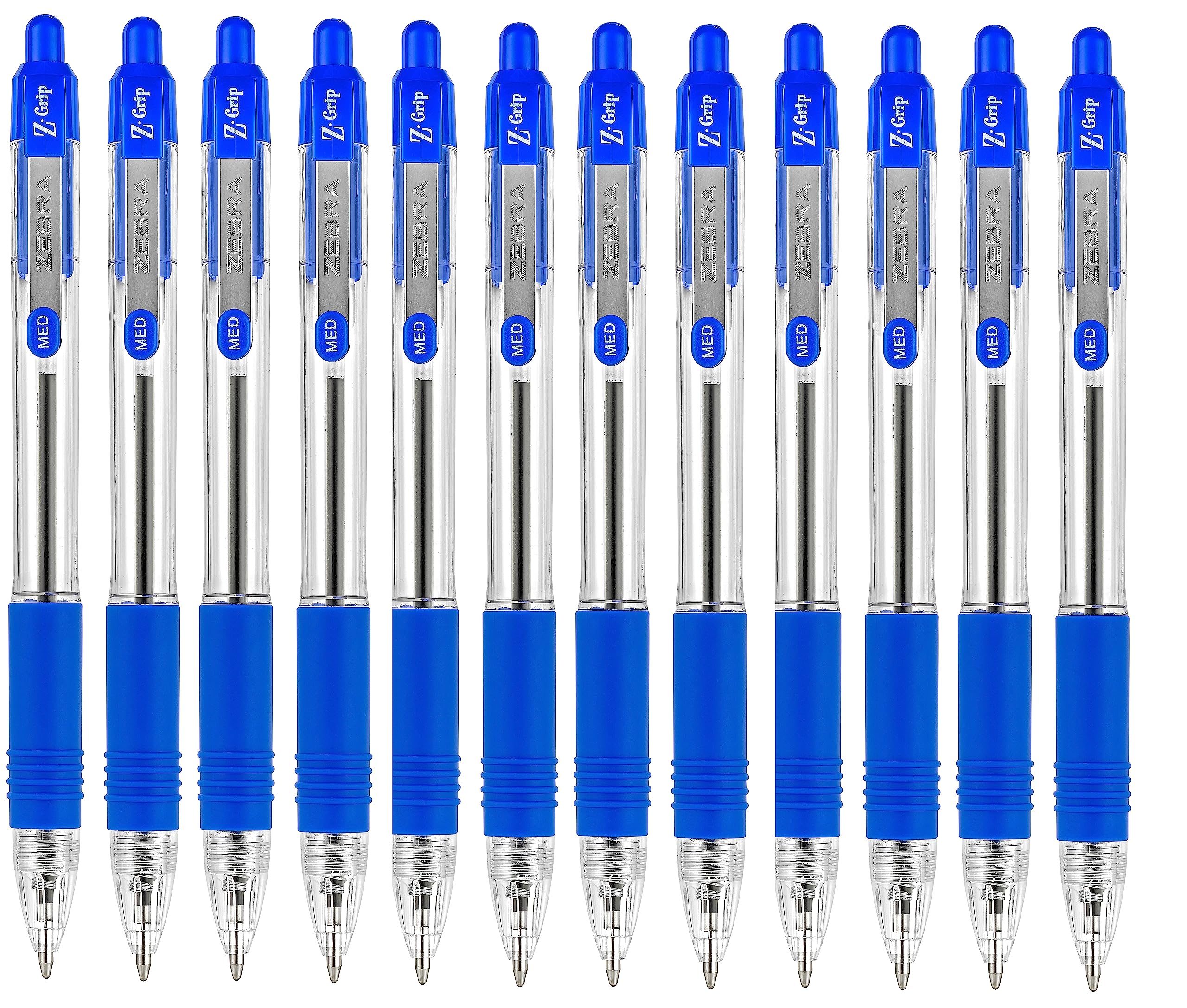 ZEBRA Pen Z Grip Blue Pens Ballpoint, Smooth & Comfortable ZEBRA Pens With Pocket Clip, Retractable Ballpoints With Blue Ink, Reliable Biro Multipack For Everyday Use - Medium Point, 12pk