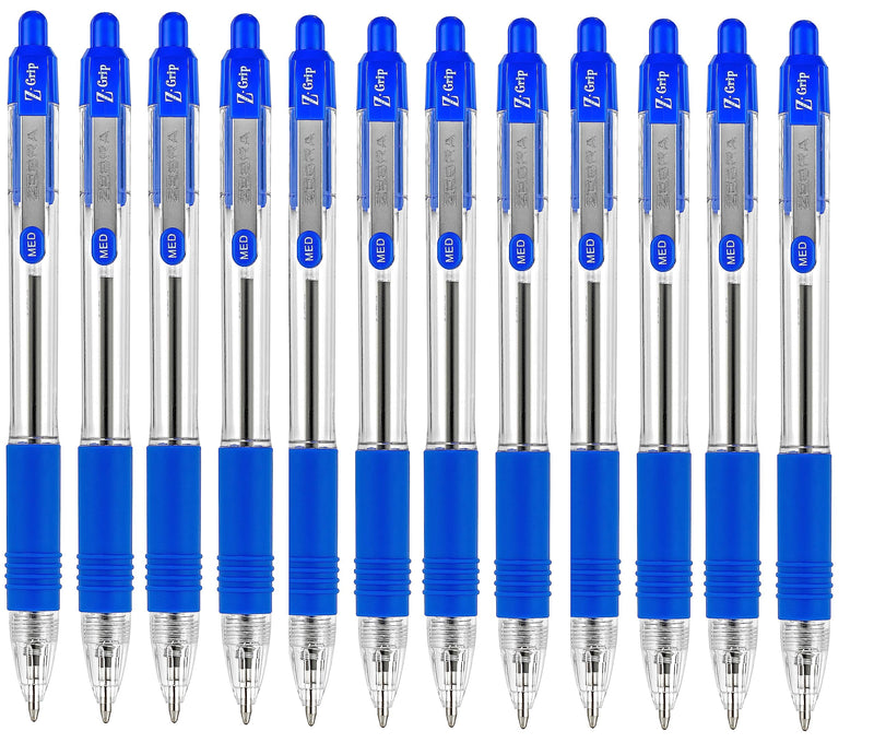ZEBRA Pen Z Grip Blue Pens Ballpoint, Smooth & Comfortable ZEBRA Pens With Pocket Clip, Retractable Ballpoints With Blue Ink, Reliable Biro Multipack For Everyday Use - Medium Point, 12pk