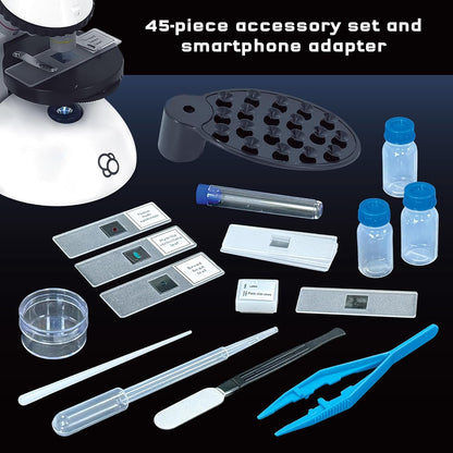 The Thames & Kosmos Microscope Essential STEM Tool with Smartphone Adapter to Capture & View Microscopic Images, Entry-Level Student Science Device, 60x to 600x Magnification & 45 Accessories