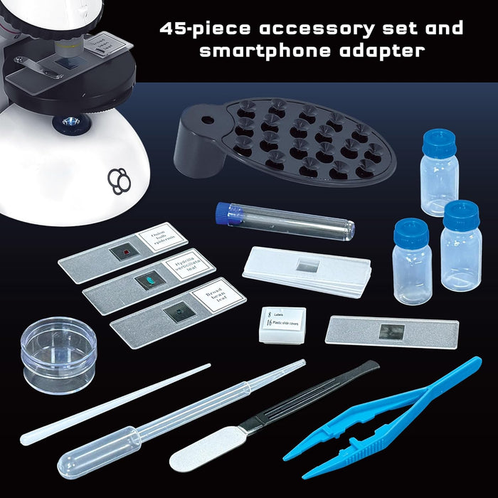 The Thames & Kosmos Microscope Essential STEM Tool with Smartphone Adapter to Capture & View Microscopic Images, Entry-Level Student Science Device, 60x to 600x Magnification & 45 Accessories