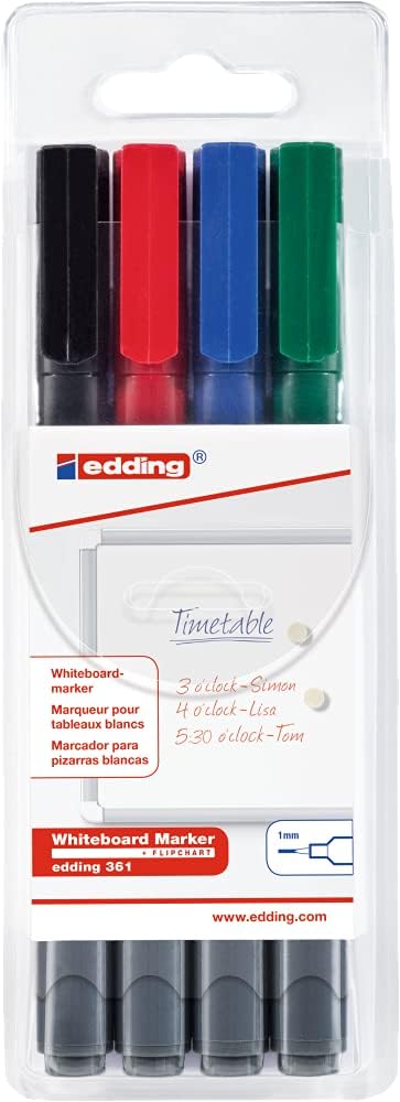 edding 361 whiteboard marker set - multi-coloured - 4 whiteboard pens - round nib 1 mm - whiteboard pen dry wipe - for whiteboards, flipcharts, magnetic, memo boards - sketchnotes - refillable