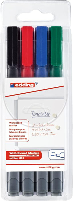 edding 361 whiteboard marker set - multi-coloured - 4 whiteboard pens - round nib 1 mm - whiteboard pen dry wipe - for whiteboards, flipcharts, magnetic, memo boards - sketchnotes - refillable