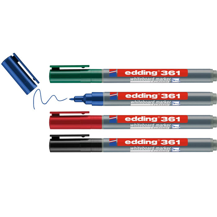 edding 361 whiteboard marker set - multi-coloured - 4 whiteboard pens - round nib 1 mm - whiteboard pen dry wipe - for whiteboards, flipcharts, magnetic, memo boards - sketchnotes - refillable