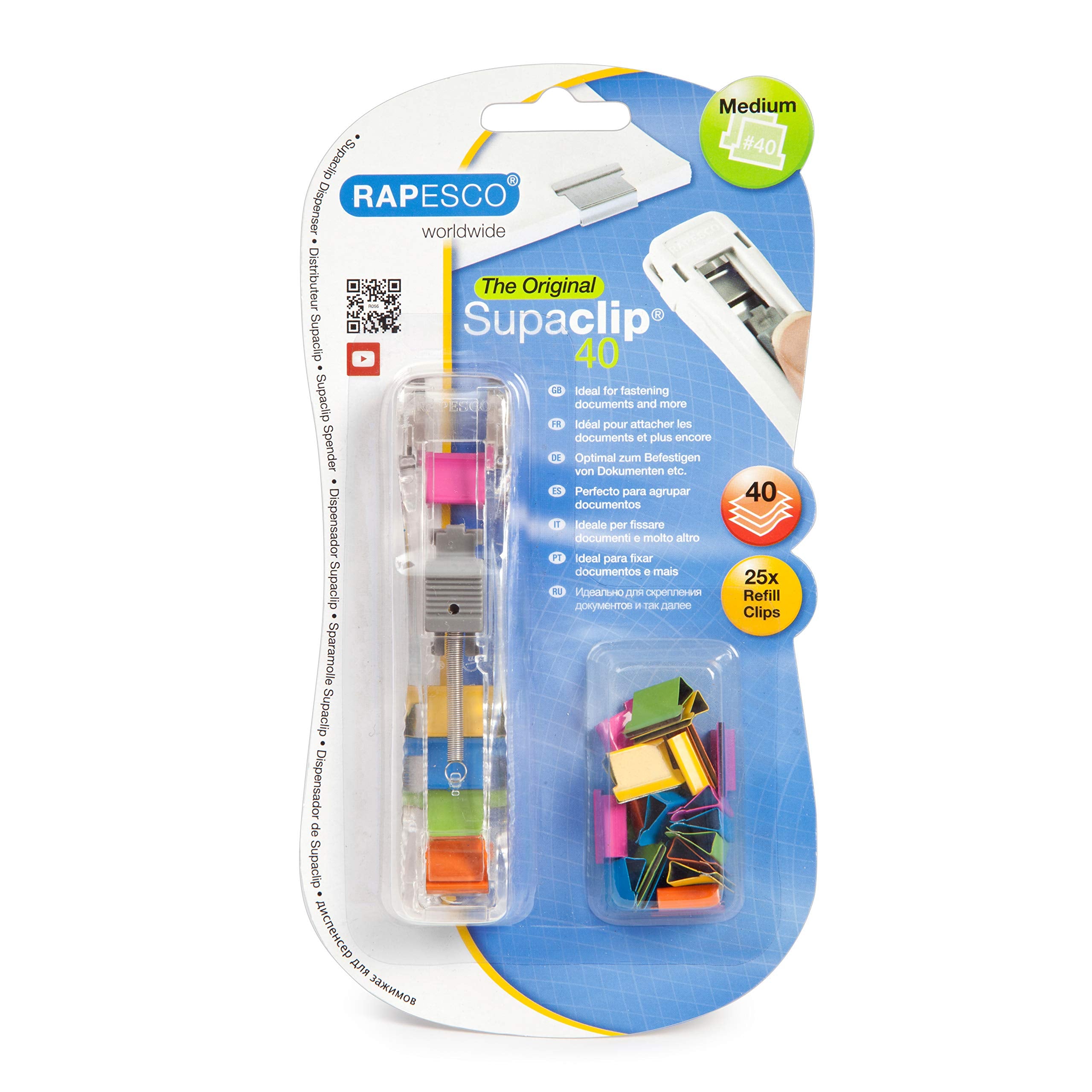Rapesco RC4025MC Supaclip 40 See Through Dispenser and 25 Refill Clips in Assorted Colours