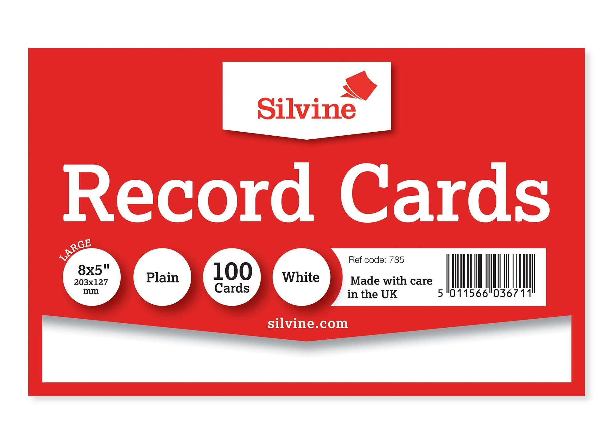 Silvine 8x5" White Record Cards - Plain, 100 cards per pack. Ref 785 (203 x 127mm