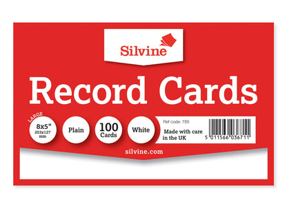 Silvine 8x5" White Record Cards - Plain, 100 cards per pack. Ref 785 (203 x 127mm