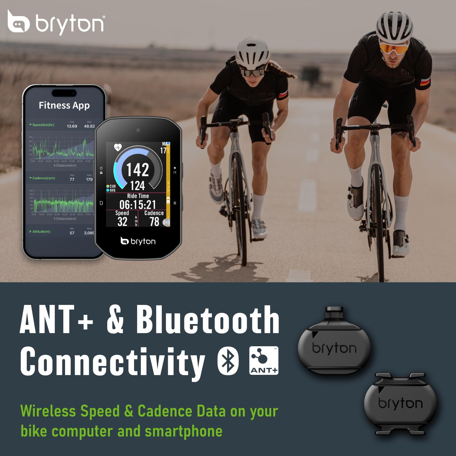 Bryton Fahrrad-Sensoren-Set, Smart Geschwindigkeitssensor und Smart Trittfrequenzsensor, kompatibel mit Smartphone-App und Fahrradcomputer über Bluetooth und ANT+