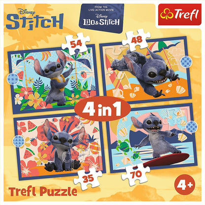 Trefl - Lilo & Stitch, Vacanze alle Hawaii - Puzzle 4 in 1, 4 puzzle, da 35 a 70 pezzi - puzzle colorati con personaggi dei film, divertimento assicurato per bambini dai 4 anni in su