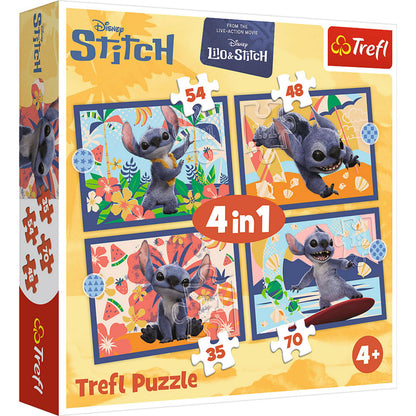 Trefl - Lilo & Stitch, Vacanze alle Hawaii - Puzzle 4 in 1, 4 puzzle, da 35 a 70 pezzi - puzzle colorati con personaggi dei film, divertimento assicurato per bambini dai 4 anni in su