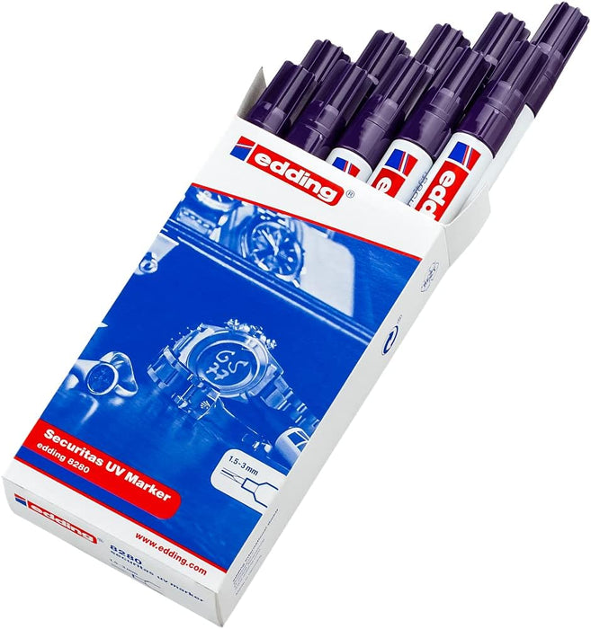 edding 8280 securitas uv marker - colourless - 10 pens- round nib 1.5-3 mm - black light marker - for hidden markings on almost any material - security marker, invisible ink pen, magic pen, geocaching