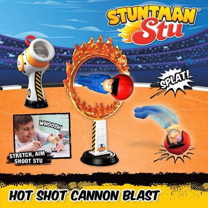 Stuntman Stu Hot Shot Cannon blast Sling shot toy with two rubber figures and ring of fire target Create fun stunts at home Toys