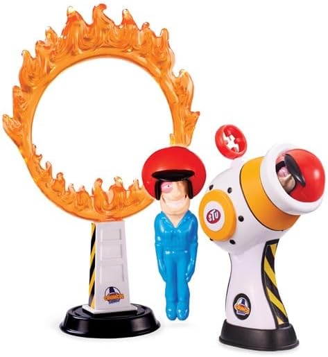 Stuntman Stu Hot Shot Cannon blast Sling shot toy with two rubber figures and ring of fire target Create fun stunts at home Toys