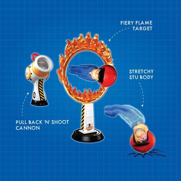 Stuntman Stu Hot Shot Cannon blast Sling shot toy with two rubber figures and ring of fire target Create fun stunts at home Toys