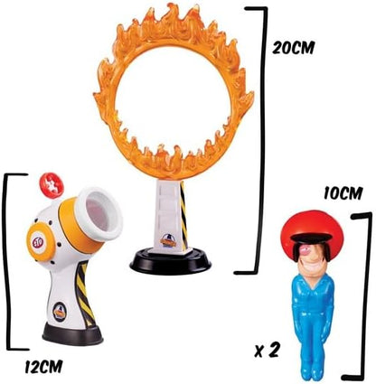 Stuntman Stu Hot Shot Cannon blast Sling shot toy with two rubber figures and ring of fire target Create fun stunts at home Toys