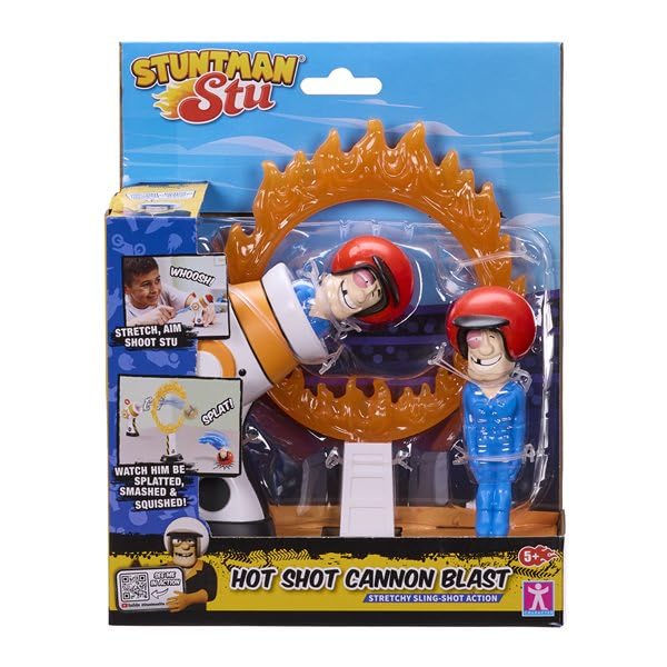 Stuntman Stu Hot Shot Cannon blast Sling shot toy with two rubber figures and ring of fire target Create fun stunts at home Toys