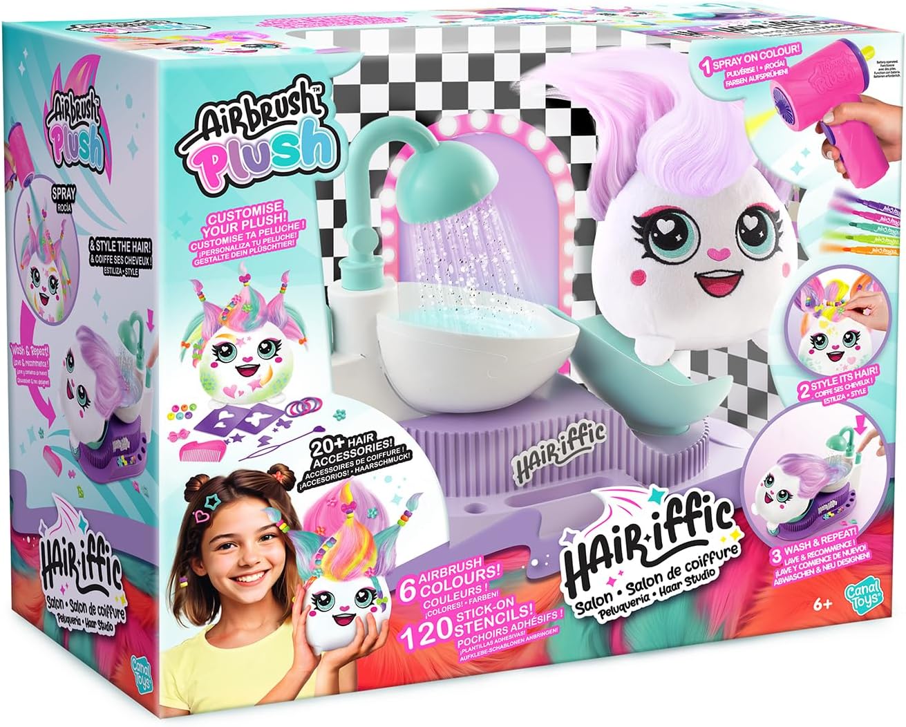 Airbrush Plush Hairiffic Salon – Custom Makeover Kit with Battery-Powered Airbrush, Washable Chalk Pens, Salon Shower, 120+ Stencils & 20+ Hair Accessories | Ages 6+, Pink