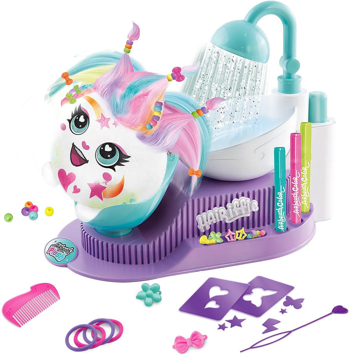 Airbrush Plush Hair’iffic Salon – Ultimate Custom Plush Makeover Kit with Battery Powered Airbrush, Washable Chalk Pens, Salon Shower, 120+ Stencils & 20+ Hair Accessories | Ages 6+