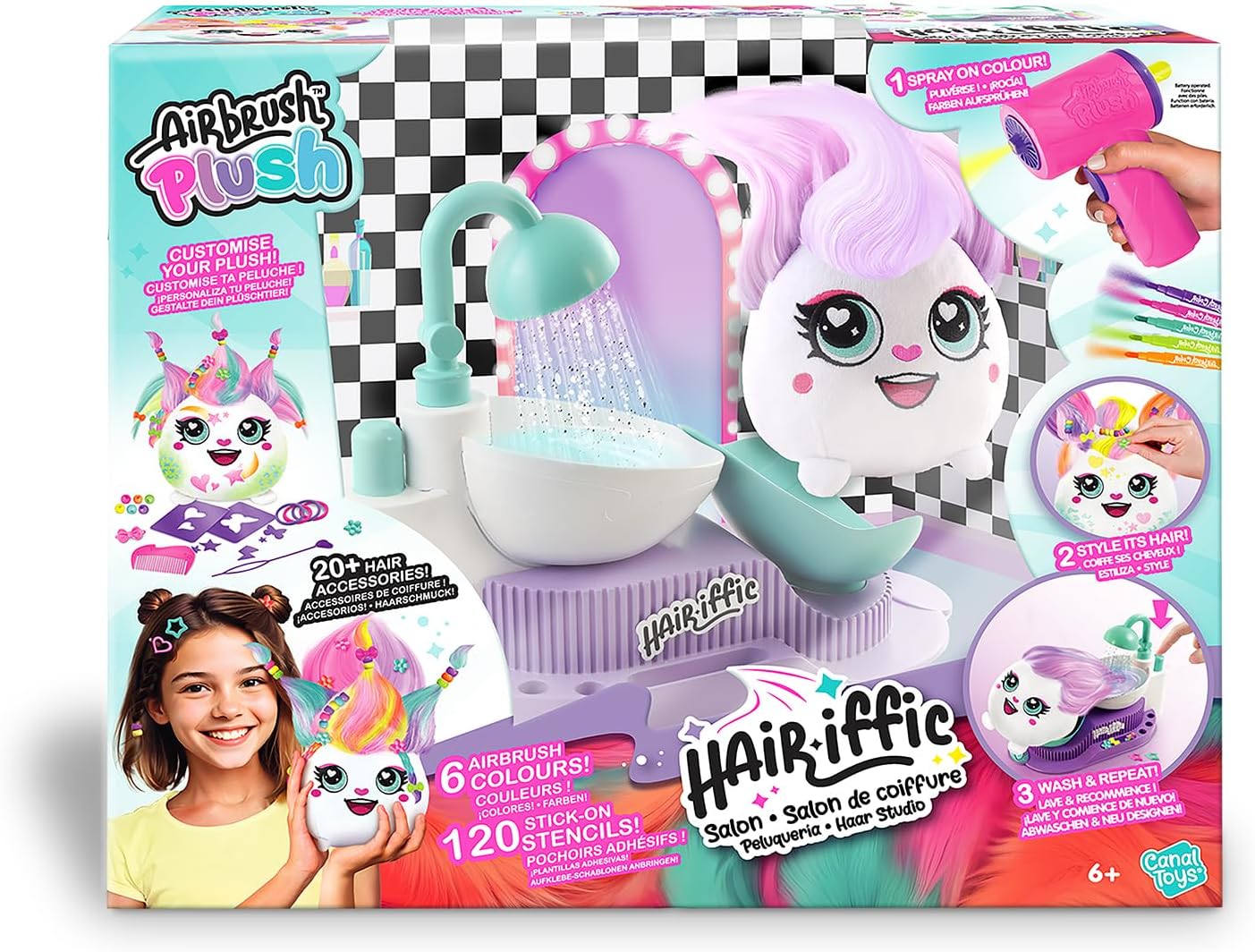 Airbrush Plush Hairiffic Salon – Custom Makeover Kit with Battery-Powered Airbrush, Washable Chalk Pens, Salon Shower, 120+ Stencils & 20+ Hair Accessories | Ages 6+, Pink