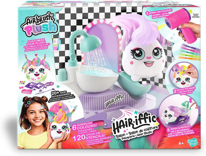 Airbrush Plush Hairiffic Salon – Custom Makeover Kit with Battery-Powered Airbrush, Washable Chalk Pens, Salon Shower, 120+ Stencils & 20+ Hair Accessories | Ages 6+, Pink