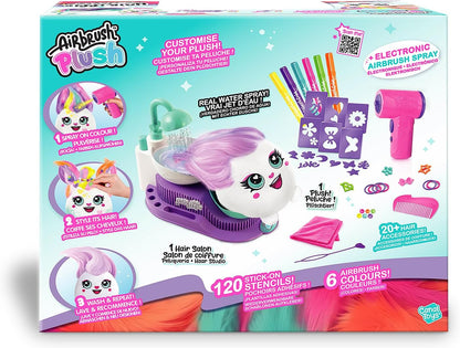 Airbrush Plush Hairiffic Salon – Custom Makeover Kit with Battery-Powered Airbrush, Washable Chalk Pens, Salon Shower, 120+ Stencils & 20+ Hair Accessories | Ages 6+, Pink