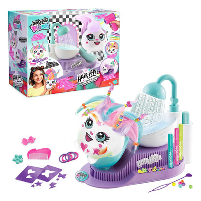 Airbrush Plush Hairiffic Salon – Custom Makeover Kit with Battery-Powered Airbrush, Washable Chalk Pens, Salon Shower, 120+ Stencils & 20+ Hair Accessories | Ages 6+, Pink