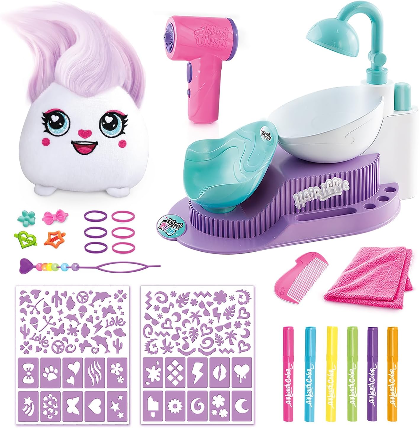 Airbrush Plush Hairiffic Salon – Custom Makeover Kit with Battery-Powered Airbrush, Washable Chalk Pens, Salon Shower, 120+ Stencils & 20+ Hair Accessories | Ages 6+, Pink