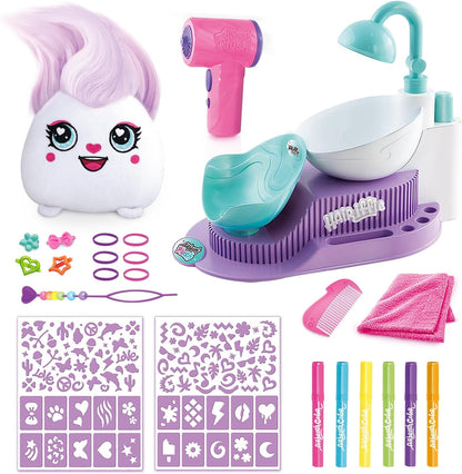 Airbrush Plush Hairiffic Salon – Custom Makeover Kit with Battery-Powered Airbrush, Washable Chalk Pens, Salon Shower, 120+ Stencils & 20+ Hair Accessories | Ages 6+, Pink