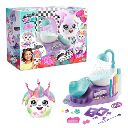Airbrush Plush Hairiffic Salon – Custom Makeover Kit with Battery-Powered Airbrush, Washable Chalk Pens, Salon Shower, 120+ Stencils & 20+ Hair Accessories | Ages 6+, Pink
