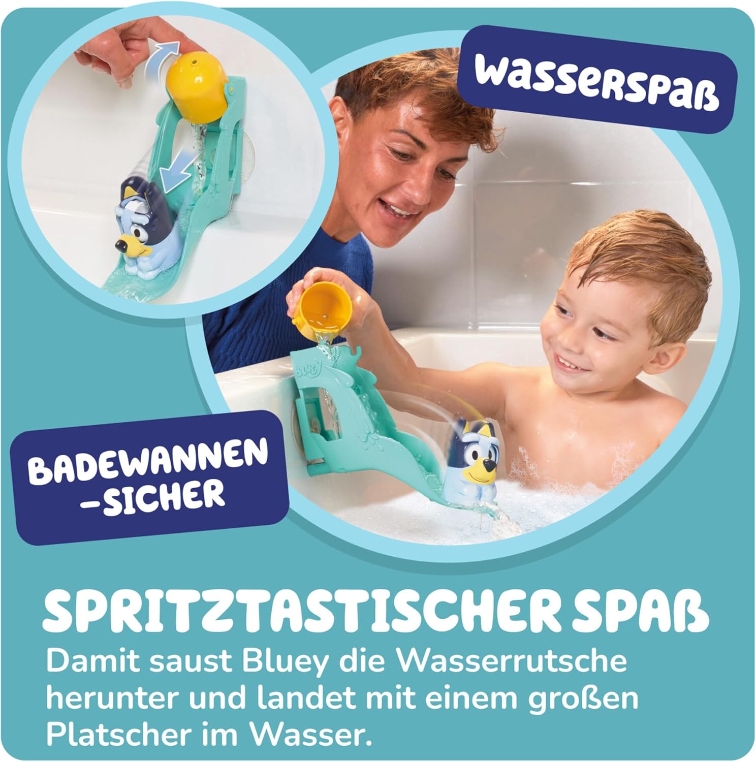 Toomies Blueys Wasserrutsche, Badespielzeug für Kleinkinder, Wasserspaß mit Drehaugen, Fördert Feinmotorik, Mit Saugnäpfen, Ab 18 Monaten