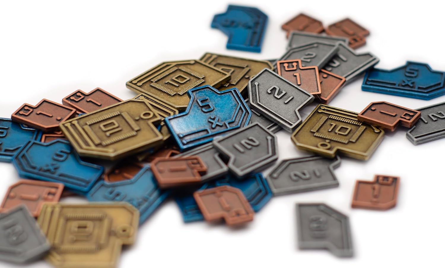 Stonemaier Games: Metal Sci-Fi Coins (Vantage) | Sci-Fi Coins to Enhance Your Gameplay | 45 Metal Coins - $1 (x18), $2 (x12), $5 (x9), and $10 (x6) Coins Made of zinc Alloy