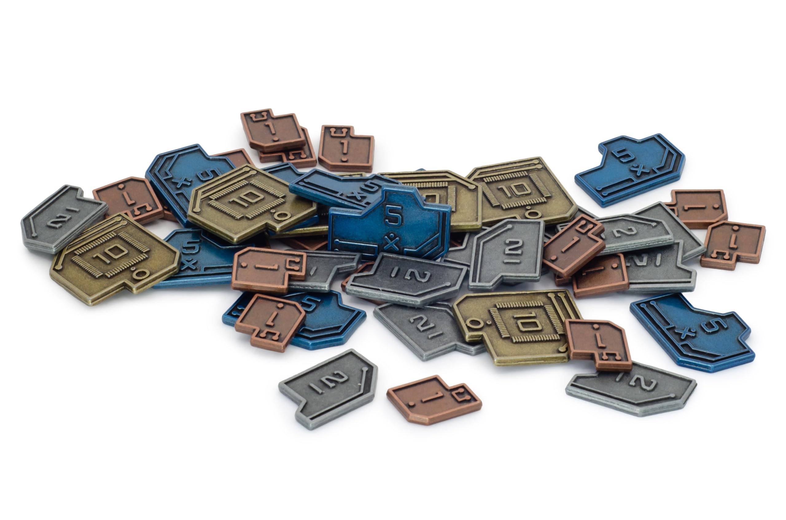 Stonemaier Games: Metal Sci-Fi Coins (Vantage) | Sci-Fi Coins to Enhance Your Gameplay | 45 Metal Coins - $1 (x18), $2 (x12), $5 (x9), and $10 (x6) Coins Made of zinc Alloy