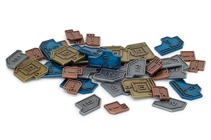 Stonemaier Games: Metal Sci-Fi Coins (Vantage) | Sci-Fi Coins to Enhance Your Gameplay | 45 Metal Coins - $1 (x18), $2 (x12), $5 (x9), and $10 (x6) Coins Made of zinc Alloy