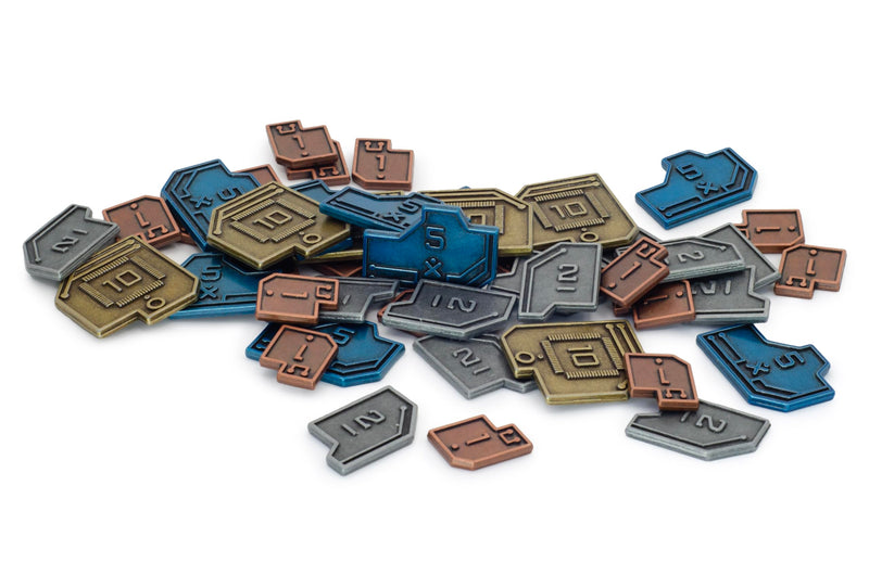 Stonemaier Games: Metal Sci-Fi Coins (Vantage) | Sci-Fi Coins to Enhance Your Gameplay | 45 Metal Coins - $1 (x18), $2 (x12), $5 (x9), and $10 (x6) Coins Made of zinc Alloy