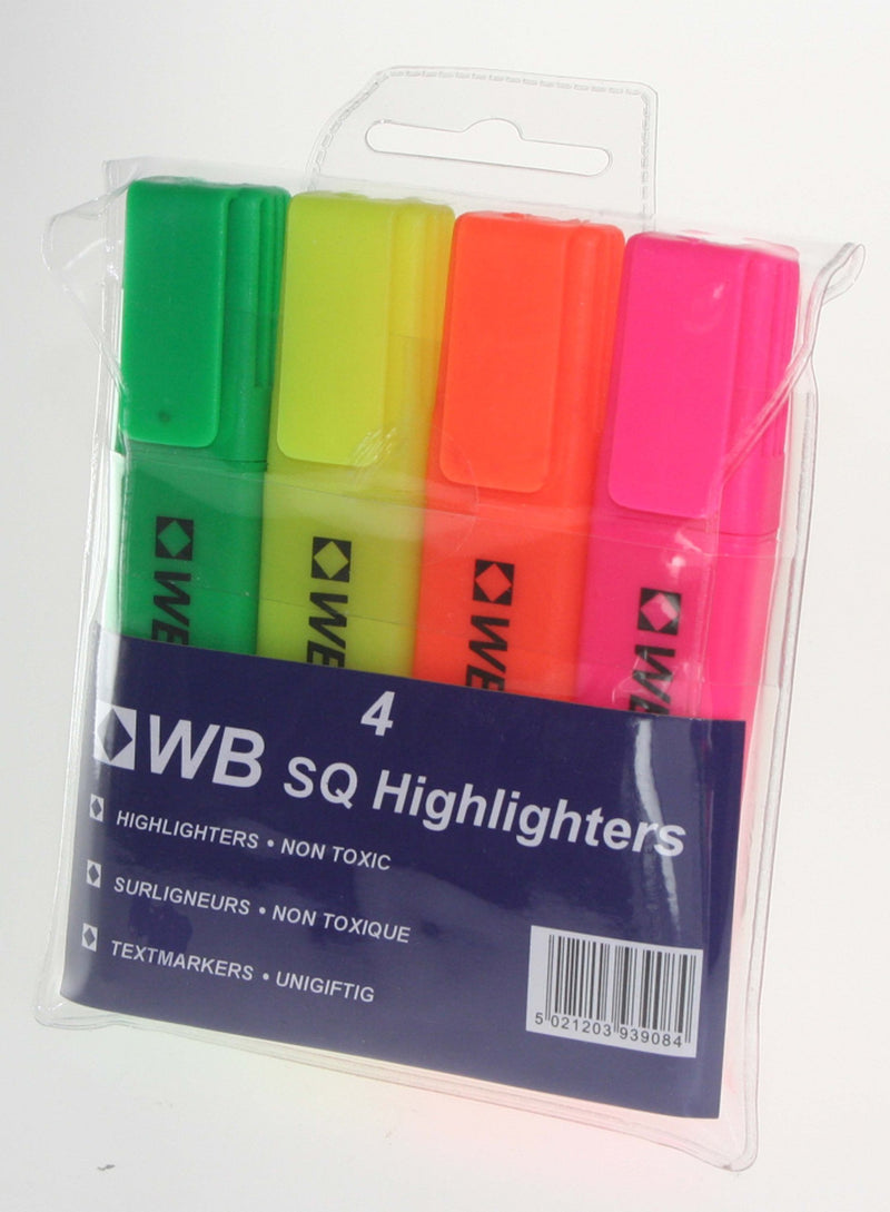 4 Assorted Original WB Square Highlighters Marker Pens Chisel Tip 1-4mm Line Wallet of 4 Green Yellow Orange Pink Non Toxic Ink