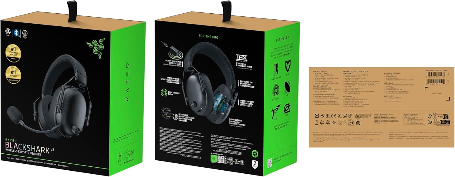 Razer BlackShark V3 - Wireless e-sports Headset - TriForce 50mm Drivers - Detachable broadband Microphone - THX Spatial Audio - Wireless 2,4 GHz & Bluetooth - FPS profiles - PC/Mac | Black