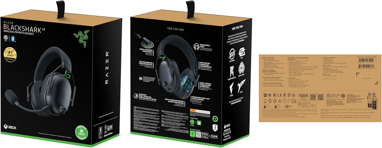 Razer BlackShark V3 XBOX S|X - Wireless esports headset - TriForce 50mm Driver - Detachable Wideband Mic - HyperSpeed 2,4 GHz & Bluetooth - Surround Sound - Xbox/PC | Black