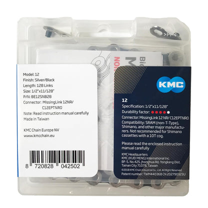 KMC 12 Speed eBike Chain, 128 Link, Black/Silver