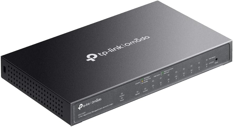 TP-Link ES210GMP 10 Port Gigabit PoE Network Switch, 8x PoE+ Ports, 123W Total Budget, IGMP Snooping, Omada Ethernet Switch, Ethernet Splitter, Metal Case, Easy Cloud Managment, Desktop/Wall Mounting