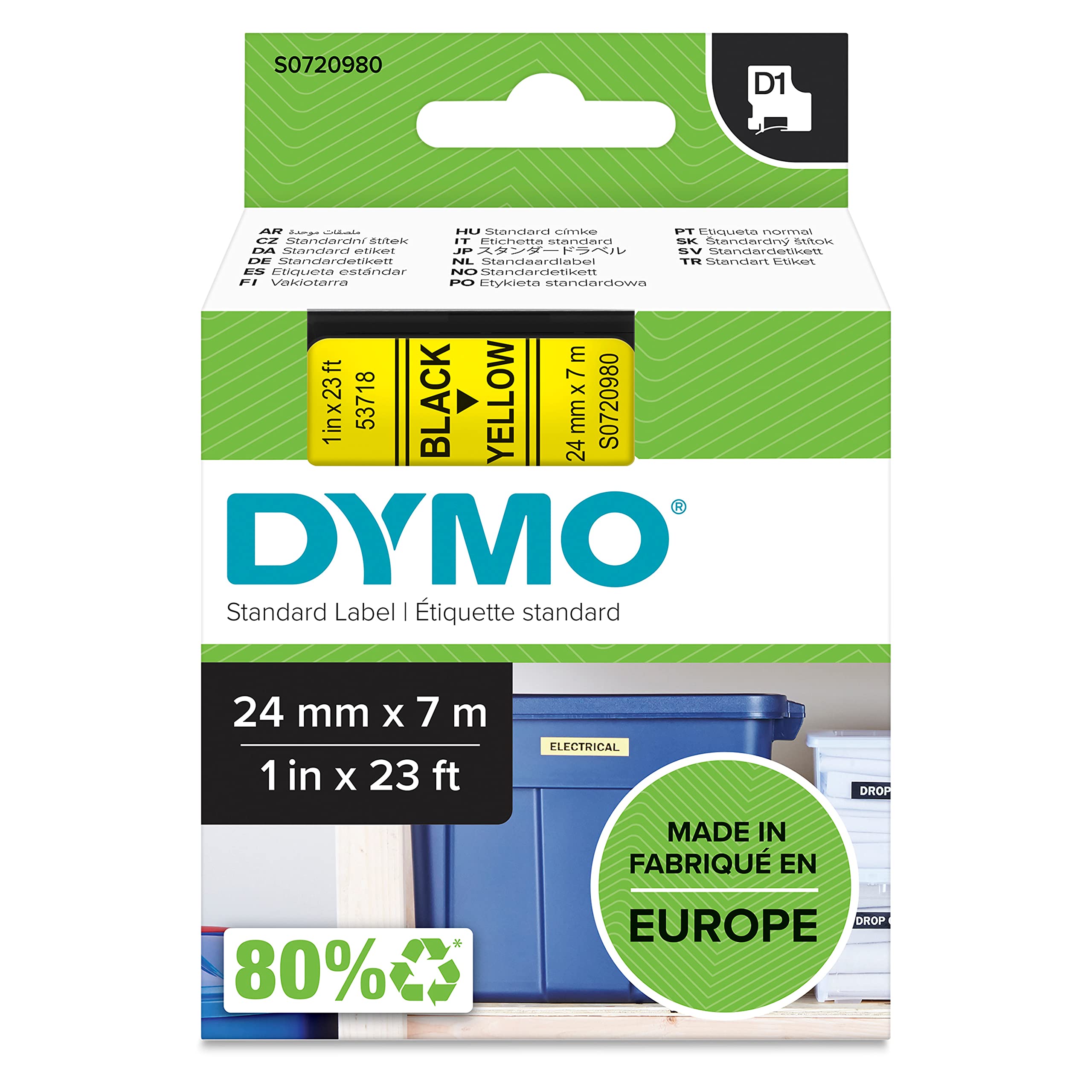 DYMO Authentic D1 Labels, 24mm x 7m Roll, Black Print on Yellow, Self-Adhesive Labels for LabelManager Label Printers