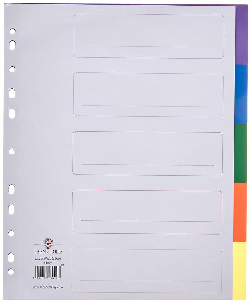Concord Punched Pocket Dividers Plastic Multicolour-tabbed 5-Part Extra Wide A4 White Ref 66099