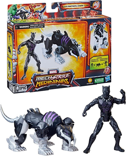 Marvel Mech Strike Mechasaurs, 4-Inch Black Panther with Sabre Claw Mechasaur Action Figures, Super Hero Toys for Kids Ages 4 and Up