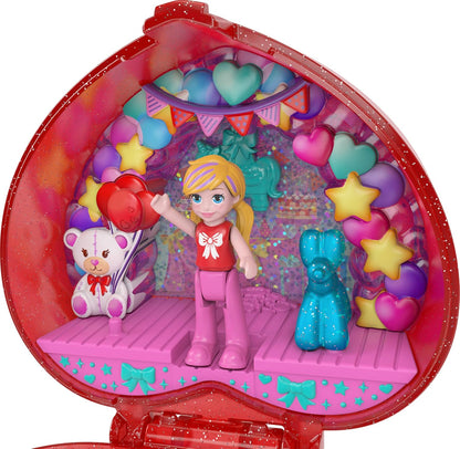 Polly Pocket Mattel 80ste Verjaardag, compacte speelset, sieradenkistje met pop, ballonnenvriendje en ring die echt kan worden gedragen, sieradenkistje met feestthema, JGK21