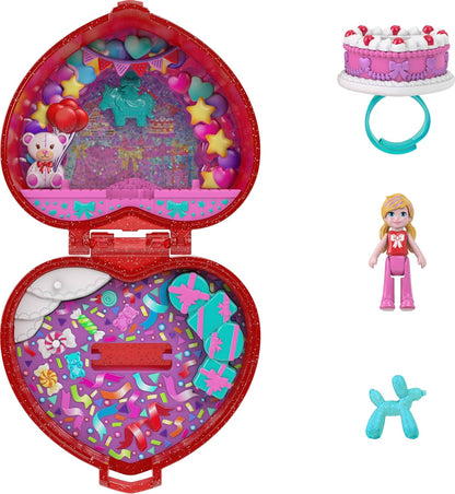 Polly Pocket Mattel 80ste Verjaardag, compacte speelset, sieradenkistje met pop, ballonnenvriendje en ring die echt kan worden gedragen, sieradenkistje met feestthema, JGK21