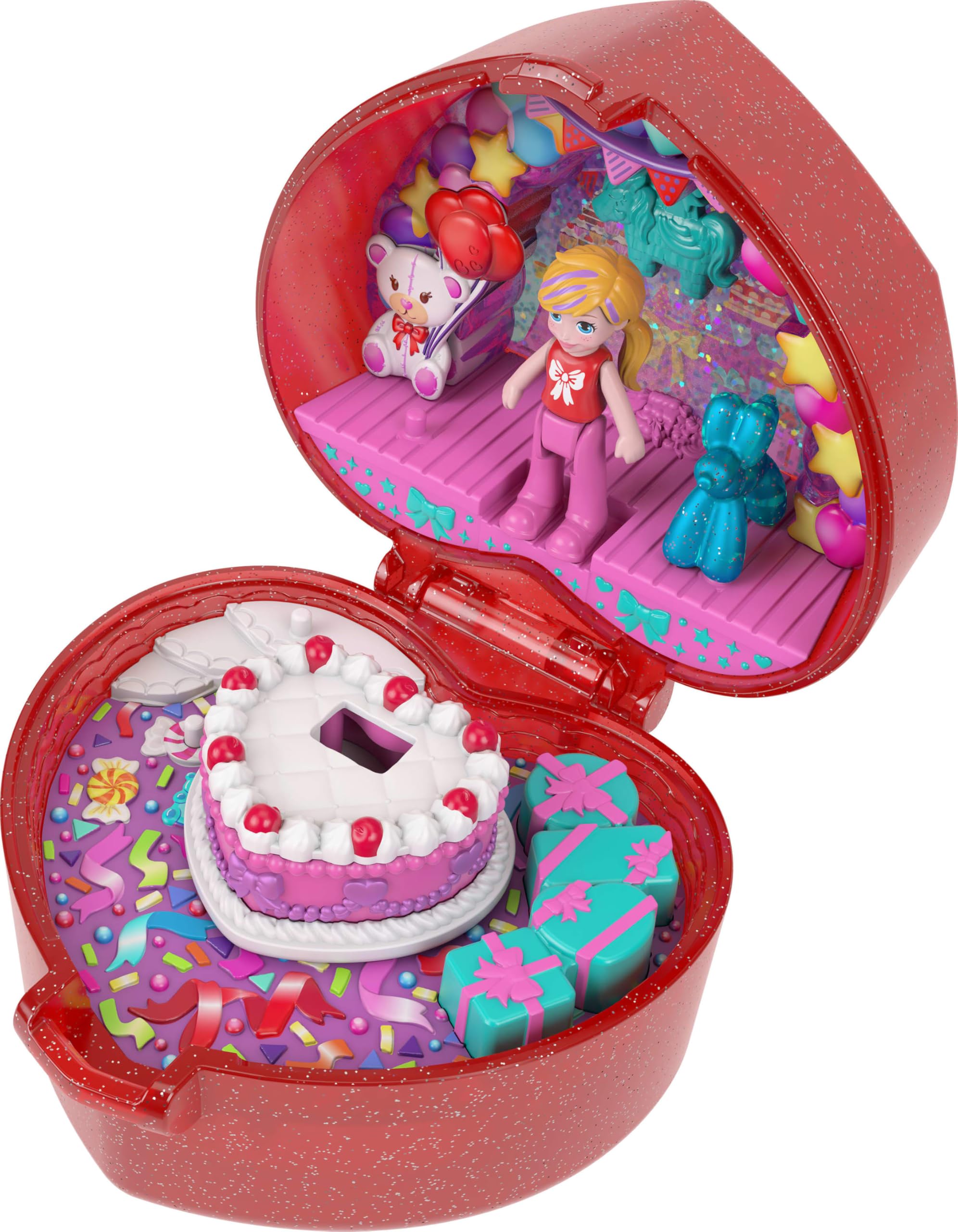 Polly Pocket Mattel 80ste Verjaardag, compacte speelset, sieradenkistje met pop, ballonnenvriendje en ring die echt kan worden gedragen, sieradenkistje met feestthema, JGK21