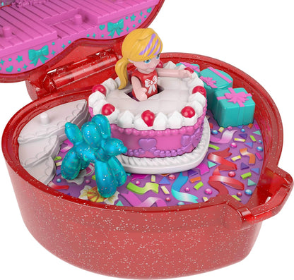 Polly Pocket Mattel 80ste Verjaardag, compacte speelset, sieradenkistje met pop, ballonnenvriendje en ring die echt kan worden gedragen, sieradenkistje met feestthema, JGK21