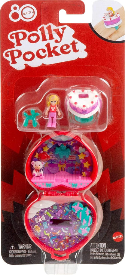 Polly Pocket Mattel 80ste Verjaardag, compacte speelset, sieradenkistje met pop, ballonnenvriendje en ring die echt kan worden gedragen, sieradenkistje met feestthema, JGK21